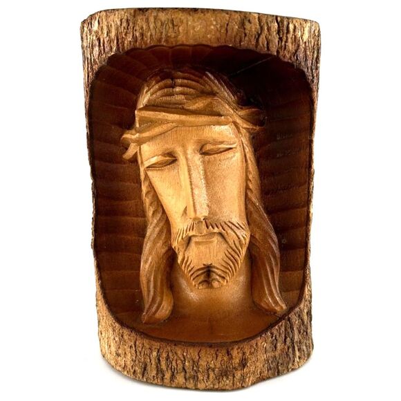 Wooden Relief, Face Of Jesus Christ, Crown Of Thorns Hand Carved In Philippines - Picture 1 of 8